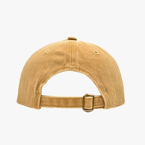 Back view of a mustard yellow washed cotton baseball cap with an adjustable brass buckle