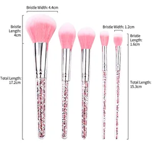 5Pcs pink glitter handle makeup brush set with gradient bristles and size details