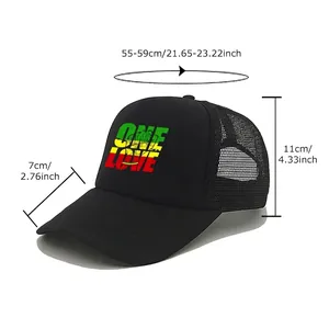 One Love mesh trucker cap with adjustable size chart showing head circumference and brim