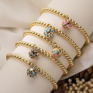 Evil Eye Beaded Bracelet Gold Plated Copper With Enamel Ball Pendant Bohemian Vintage Jewelry For Women