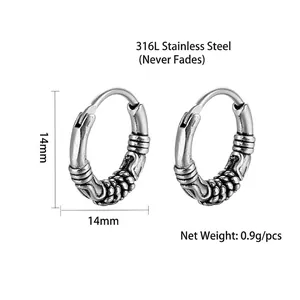 Retro 316L stainless steel twist hoop earrings 14mm silver punk jewelry for men and women