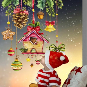 Creative Christmas window stickers featuring gingerbread, pinecones, and holiday decorations