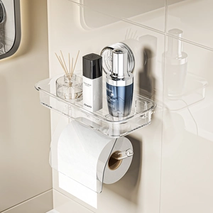 Wall-mounted transparent bathroom shelf with integrated toilet paper roll holder and tray