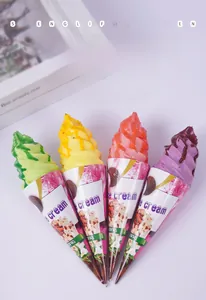 Detail of four colorful PU foam ice cream models with realistic cream texture and cones