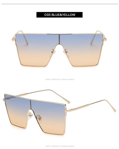Detail of square gold metal sunglasses with blue and yellow gradient lenses C03