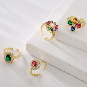 Adjustable Open Ring Copper Real Gold Plated Colorful Zircon Geometric Jewelry For Women Light Luxury Fashion
