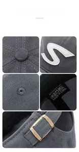 Detail of grey cotton baseball cap showing the metal buckle and letter S embroidery