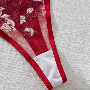Close-up of red floral lace embroidery on breathable mesh panties with cotton lining