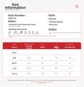 Guide des tailles pour shorts de yoga sans couture avec mesures et détails du tissu