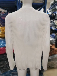 Detailed back view of a white long-sleeved rib-knit top on a mannequin stand