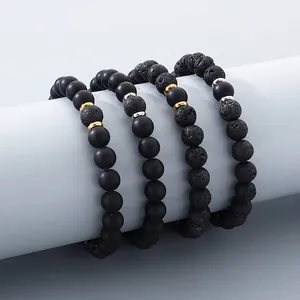 Beaded Bracelet Natural Lava Stone Matte Agate Metal Spacers Retro Minimalist Masculine Jewelry Unisex