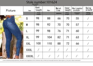 Guide des tailles pour jeans skinny extensibles montrant mesures de taille, hanche et longueur