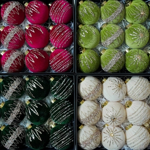 36-piece flocked velvet Christmas ornaments in red, green and cream with glitter patterns