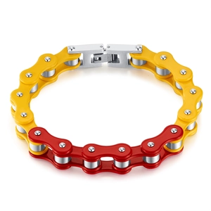 Gelb und rot lackiertes Motorradketten-Armband aus Edelstahl mit robustem Faltverschluss