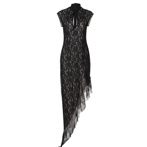 Slim fit black lace mesh dress featuring a chic mandarin collar and asymmetric hem