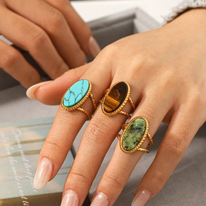 French vintage stainless steel rings with turquoise and tiger eye stones for women