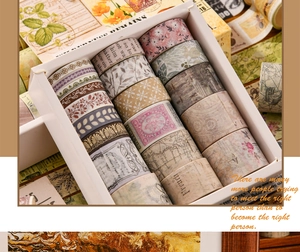 Macro view of vintage washi tape set featuring botanical and antique paper designs