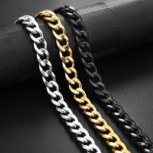 Polished stainless steel Cuban NK chain necklaces in silver, gold, and black colors