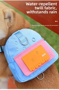 Water-resistant twill fabric detail on a colorful pet backpack with metal D-ring attachment
