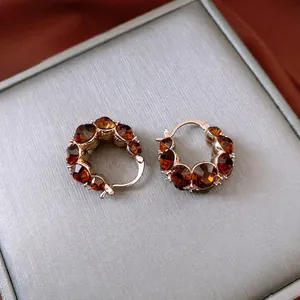Vintage Round Hoop Earrings Women Copper Real Gold Plated Amber Crystal Rhinestone Luxury Palace Style Accessory