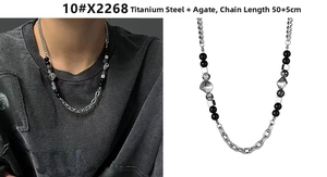 Detail view of titanium steel cuban link chain with black agate bead and silver geometric charms