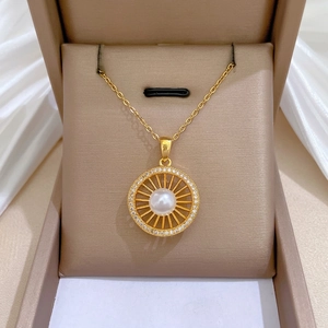 Hollow Sunburst Pendant Necklace Women Stainless Steel Chain Brass Zircon Micro Inlaid Round Artificial Pearl Clavicle Chain Jewelry