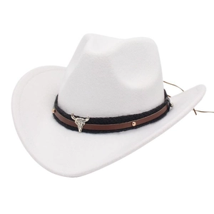 Classic white wool western cowboy fedora hat with a decorative metal bull head buckle band