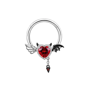 Asymmetric bat angel demon wing piercing with heart red zircon and black pendant