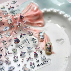 3D cartoon nail art stickers with cute dogs and rabbits patterns on white background