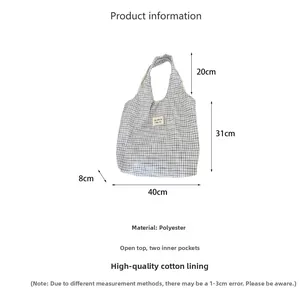 Detailed size chart of blue checkered canvas tote bag with dimensions and material specs
