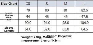 Tableau des tailles détaillé pour robe blazer croisée avec mesures de buste et longueur