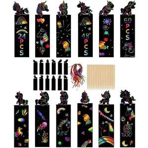 DIY Rainbow Scratch Art Bookmarks Kids Animal Dinosaur Shapes With Wooden Stylus Ribbons Creative Educational Stationery