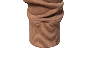 Macro shot of brown ribbed cuffs and knit texture on this casual pullover sweatshirt
