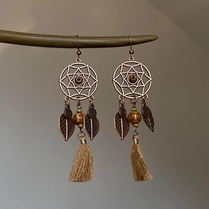 Boucles Oreilles Gland Attrape-Rêves Bohème Avec Feuille Alliage Perle Bois Et Tige Acier Style Ethnique Vintage