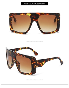 Detailed views of leopard print oversized square sunglasses with brown gradient lenses
