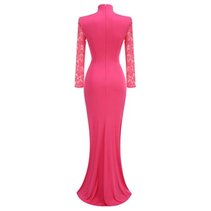 Detail of rose pink lace dress showing stand collar and waist-slimming pleats