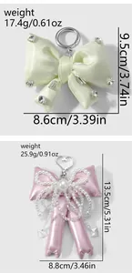Detail showing precise dimensions and weight of handmade pearl rhinestone bow keychains