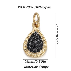 Detail of water drop gold copper pendant with black enamel inlay and size dimensions