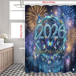 2026 Happy New Year shower curtain with golden fireworks and blue butterfly 180x180cm