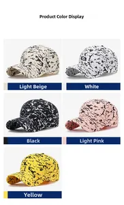 Collage of five cotton baseball caps with paint splatter graffiti in various colors