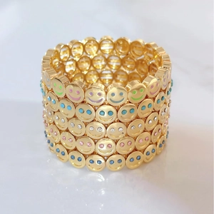 Women Colorful Rhinestone Smiley Face Elastic Bracelet Gold Plated Copper Trendy Sweet Jewelry