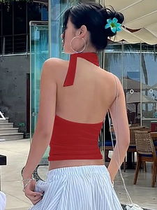 Sexy red halter backless top with flowing ribbons for women's summer vacation outfit