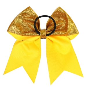 Golden glitter and yellow fabric double-layered bow hair tie with a black elastic band