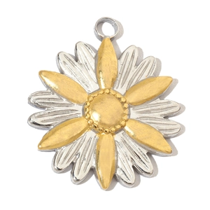 Detail of two-tone stainless steel daisy flower pendant with matte gold and silver finish