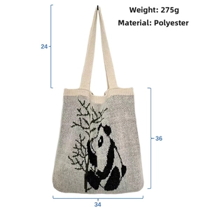 Detail view of knitted panda tote bag with dimensions 34x36cm and 275g weight info