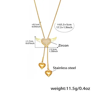 Detailed view of angel wing heart necklace with zircon stones and dimensions
