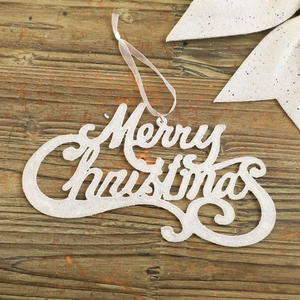 Detailed view of Merry Christmas wooden sign with white glitter finish and silk cord