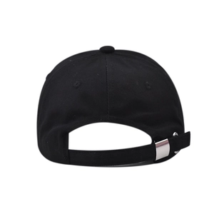 Detailed back view of a black cotton baseball cap showing the adjustable metal buckle strap
