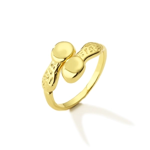 Minimalist gold plated peanut shaped ring with realistic textured metal finish on white background
