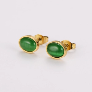 Vintage oval green gemstone earring set with cat-eye effect in golden stainless steel